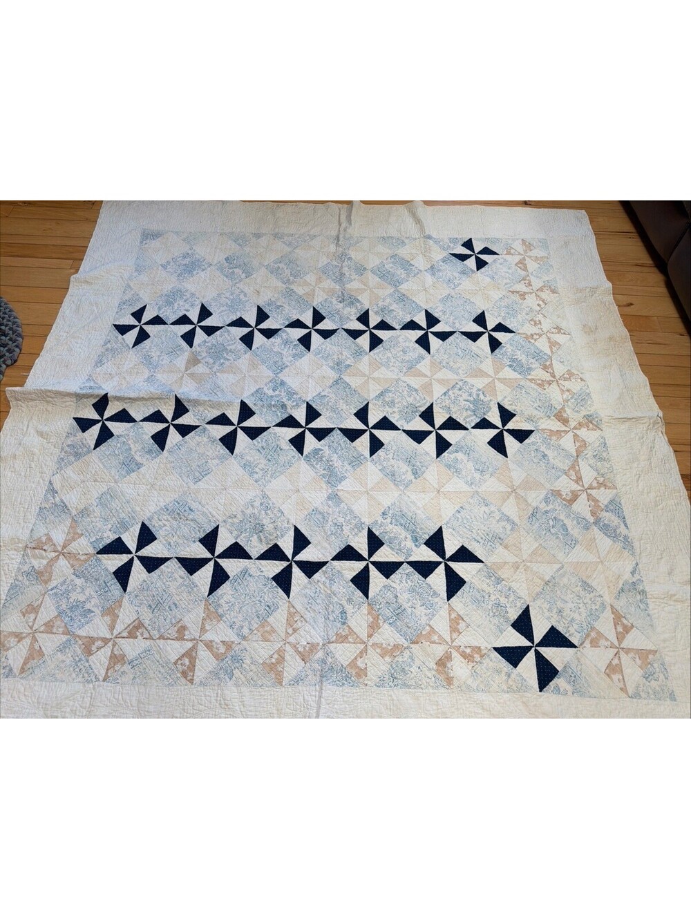 Antique 1800s Blue Brown Indigo Pinwheel Quilt Handmade Intricate Quilting Read